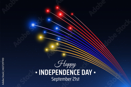 September 21, armenia independence day, armenian colorful fireworks flag on blue night sky background. Greeting card. Armenia national holiday september 21st. Vector. Independence day card