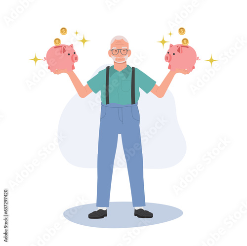 Retirement Savings Concept. Happy Elderly man Holding Piggy Bank. Smiling Senior man with Piggy Bank in both hands.