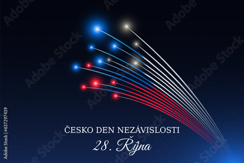 October 28th, czech republic independence day, flag fireworks on blue night sky background. National holiday. Greeting card. Vector. Translation: Czech Republic Independence Day October 28th