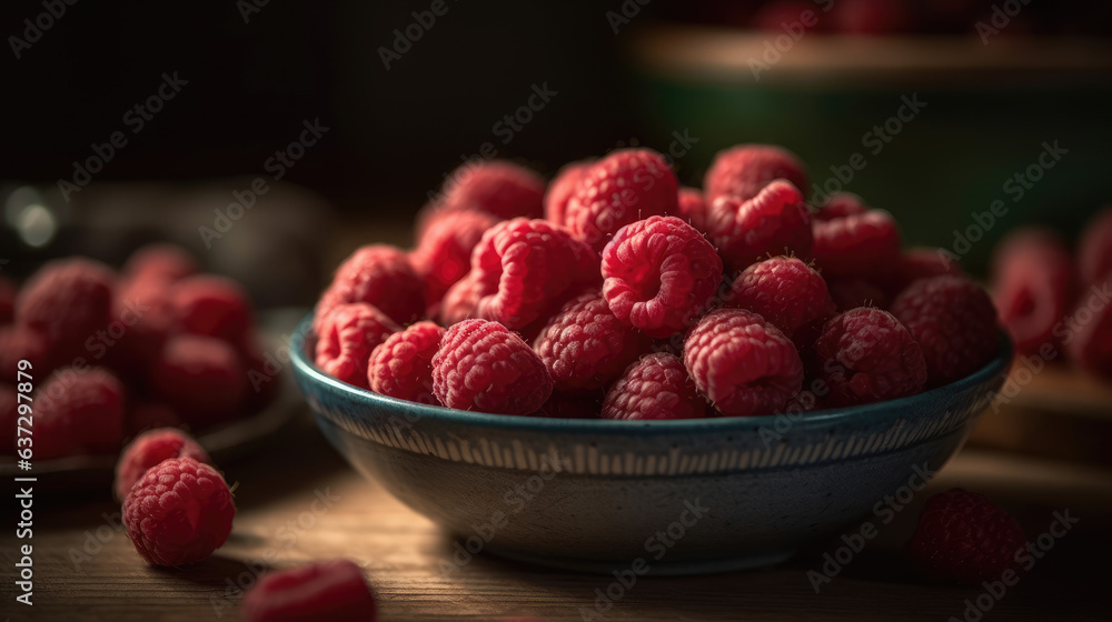Tasty ripe raspberries in bowl on wooden table, top view. Tasty ripe raspberries in bowl on wooden table, top view.