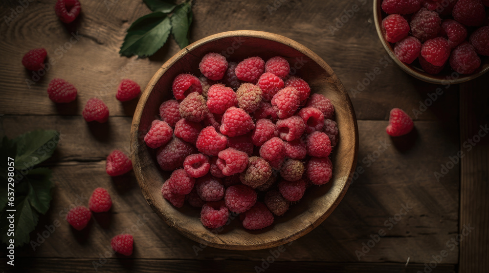 Tasty ripe raspberries in bowl on wooden table, top view.