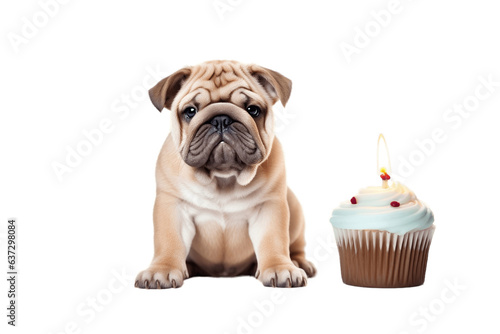 A birthday cupcake with a candle isolated on a white background, Generative Ai