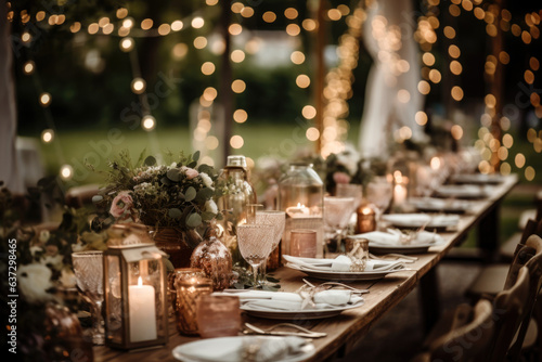 Wedding  table setting. hall decoration with a lot of string lights and candles. festive table decor on the terrace
