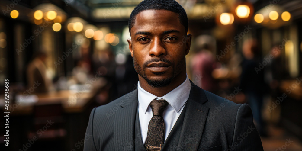 Fototapeta premium Elegant Black Businessman in Suit: A photo of a stylish and confident black businessman in a suit, perfect for a variety of uses, such as business or marketing materials.