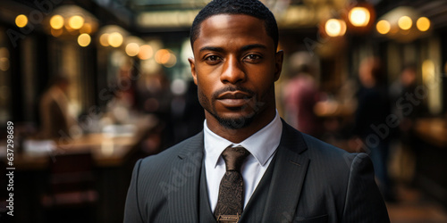 Elegant Black Businessman in Suit: A photo of a stylish and confident black businessman in a suit, perfect for a variety of uses, such as business or marketing materials.