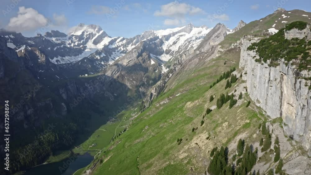 custom made wallpaper toronto digitalAmazing lush green valley with mountains rising above on a clear beautiful day. Drone aerial shot in of the alps in Switzerland.