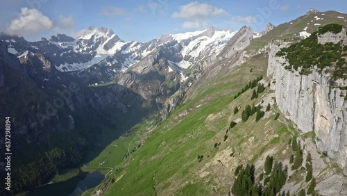 Wallpaper Mural Amazing lush green valley with mountains rising above on a clear beautiful day. Drone aerial shot in of the alps in Switzerland. Torontodigital.ca