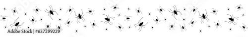 Seamless border with black spiders for Halloween decoration. Isolated vector and PNG on transparent background.