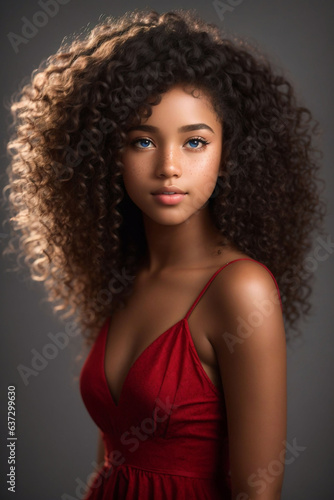 Character portrait of a Beautiful young african american woman with an afro hairstyle and wearing a beautiful red frock, giving a modeling pose 