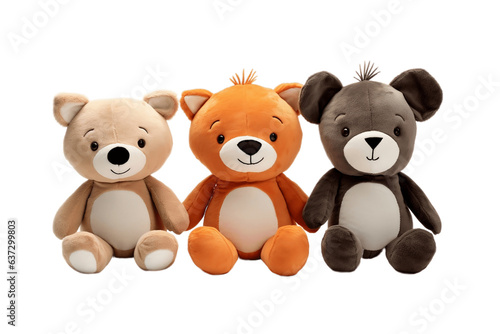 A cutout set of three stuffed animal toys isolated on a white background, Generative Ai