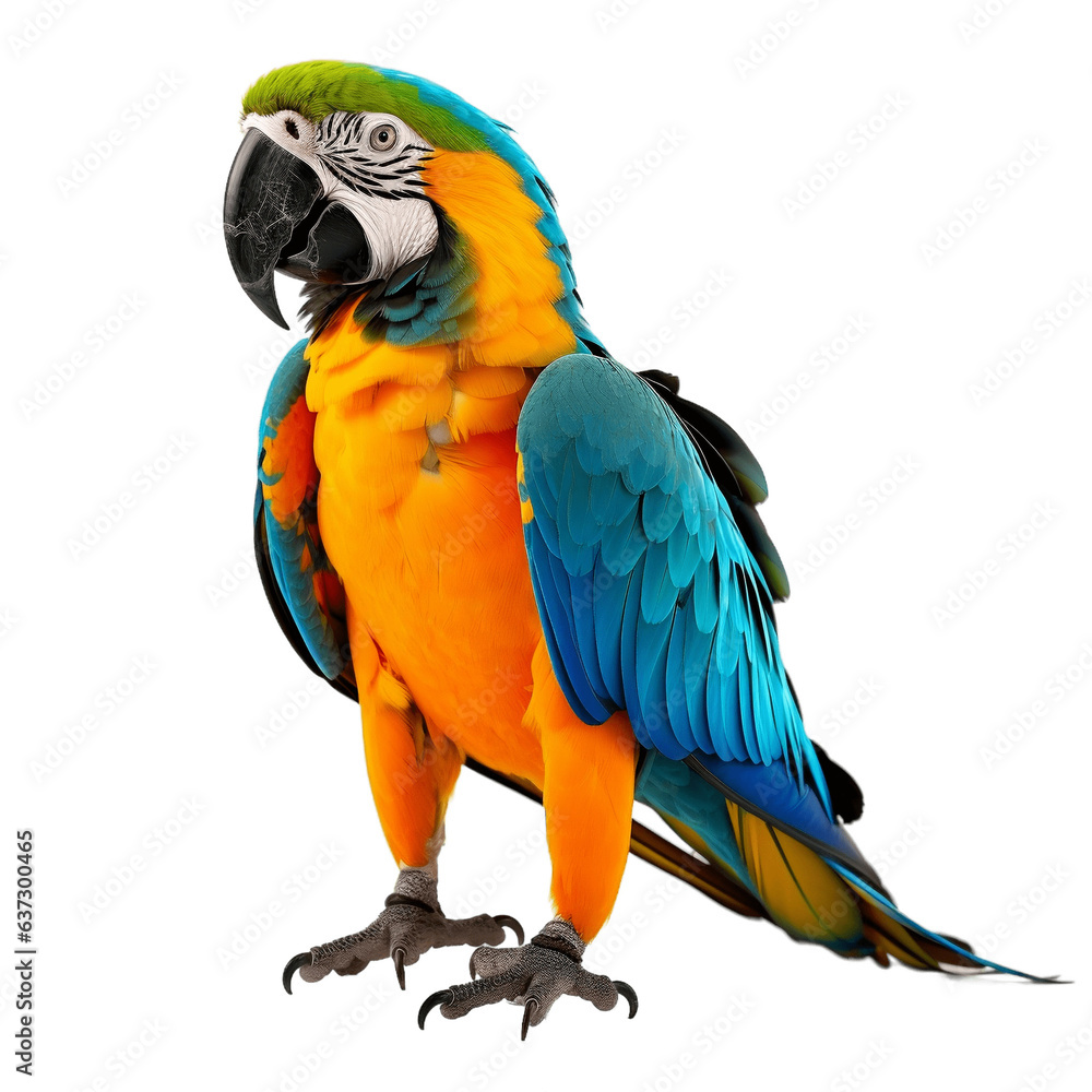 A full-body photorealistic illustration of a macaw parrot on a white background, Generative Ai