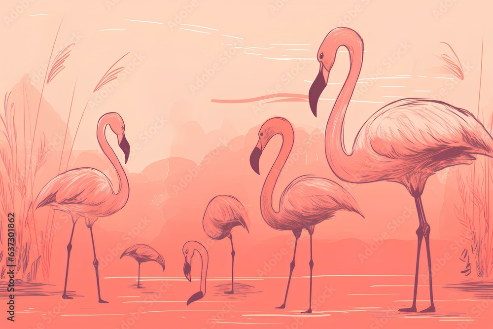 Obraz premium flamingos in the water on a pink background made by midjeorney