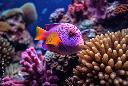 close-up of tropical fish nibbling on coral