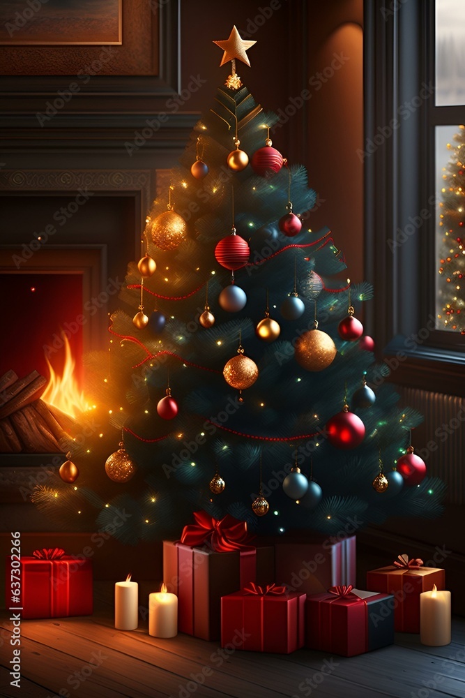 Christmas Tree With Decorations Near A Fireplace W generative ai 