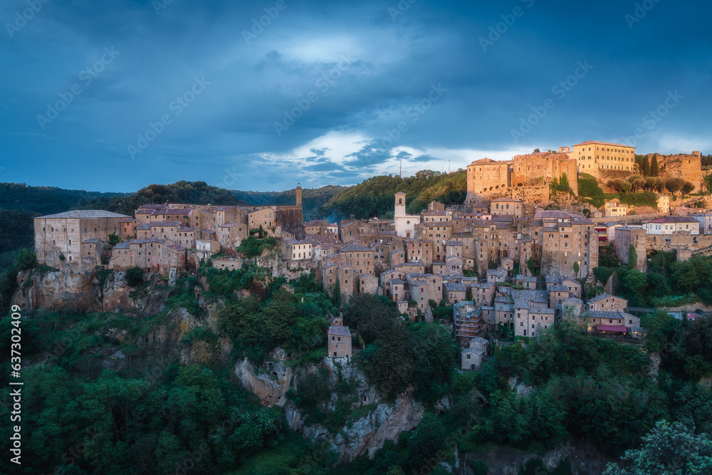 Sunset landscapes of an Italian medieval city, Sorano in the province of Grosseto in southern Tuscany, Italy