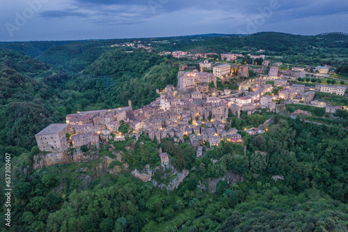 Aerial view of Italian medieval city, Sorano in the province of Grosseto in southern Tuscany, Italy