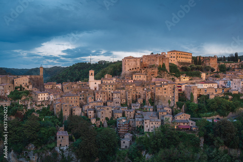 Sunset landscapes of an Italian medieval city, Sorano in the province of Grosseto in southern Tuscany, Italy