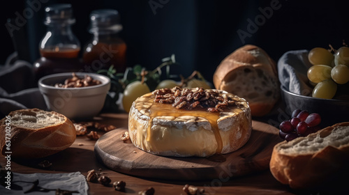 Tasty baked brie cheese and products on grey table.