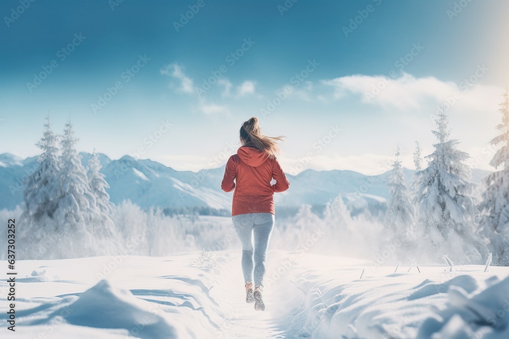 back view of a woman running in a snow, white winter landscape