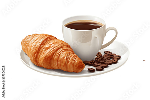 A set of two white coffee cups with croissants on a saucer, Generative Ai