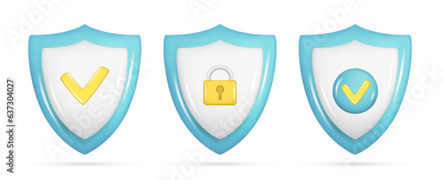 Set of realistic 3d security safe icon with padlock, checkmark. Customer 3d glossy guaranteed protection symbol, quality protected shield emblem. Vector illustration isolated on white background