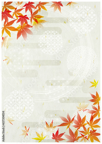 紅葉と和柄筆模様和紙背景