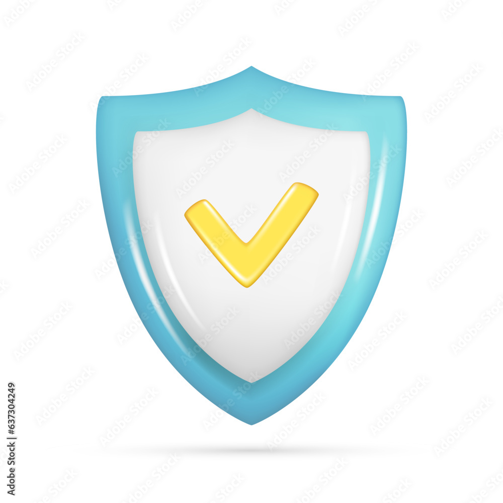 Realistic 3d blue security safe icon with checkmark. Customer 3d glossy guaranteed protection symbol, quality protected shield emblem. Vector illustration isolated on white background Realistic 3d blue security safe icon with checkmark. Customer 3d glossy guaranteed protection symbol, quality protected shield emblem. Vector illustration isolated on white background