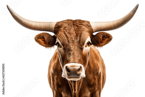 Portrait of a front-view Texas Longhorn cow isolated on a white background, Generative Ai