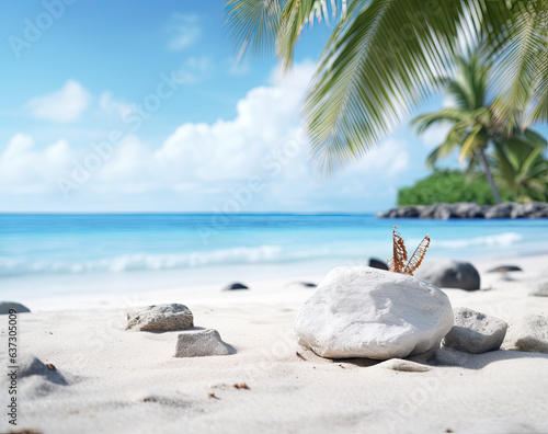 beach landscape with rock and palm tree 
