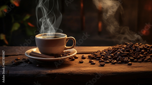 Cup of coffee on a wooden table. Generative Ai