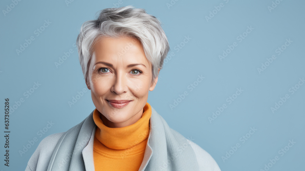 Fototapeta premium Russian woman in 60s, gray hair, copy space