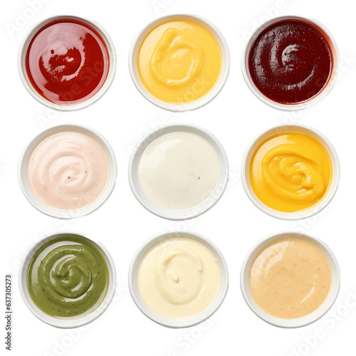 Assorted sauces in bowls isolated on a white background, Generative Ai