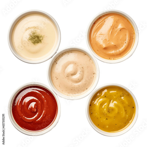 Assorted sauces in bowls isolated on a white background, Generative Ai