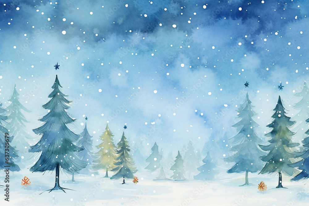 Christmas trees and snowflakes, hand-drawn watercolor holiday background. Set design holiday christmas trees.
