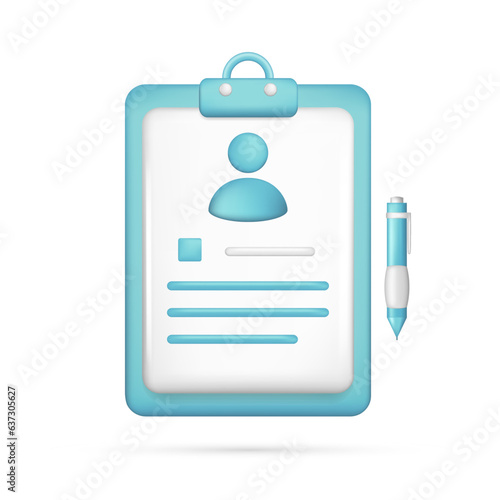 Realistic 3d blue clipboard, personal document with user icon, pen. Glossy 3d contract management, job application, hr symbol, recruitment, resume. Vector illustration isolated on white background