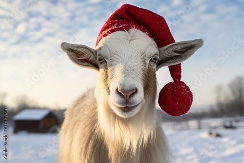 Ziege mit Weihnachtsmütze im Winter. Bock spielt Weihnachtsmann für eine gute Advent-Stimmung. photo