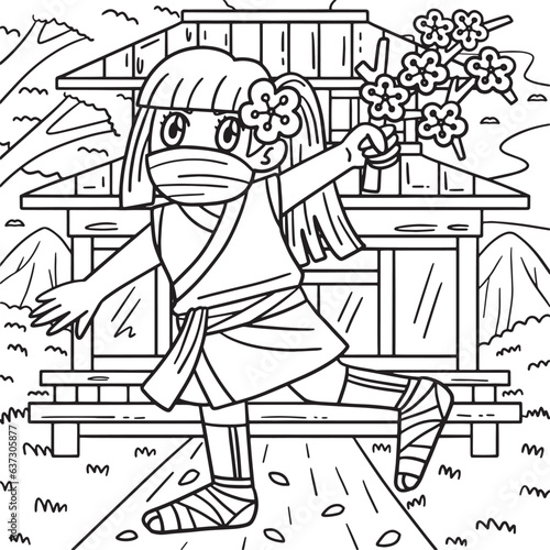 Ninja Kunoichi with Sakura Branch Coloring Page 