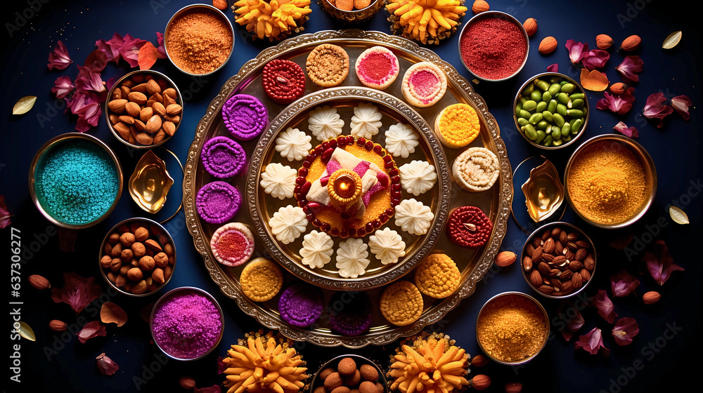 Vibrant Diwali sweets, artfully arranged in a top-down-centered composition, create a mouthwatering focal point, capturing the festive essence beautifully. Vibrant Diwali sweets, artfully arranged in a top-down-centered composition, create a mouthwatering focal point, capturing the festive essence beautifully.