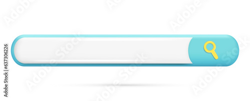 Realistic 3d blue and white search bar, magnifying glass icon. Glossy 3d navigation search box for web, internet browser, finding address template. Vector illustration isolated on white background