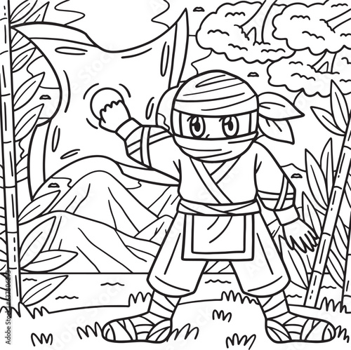 Ninja with Huge Shuriken Coloring Page for Kids © abbydesign