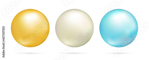 Realistic 3d glossy natural sea pearl. Spherical beautiful 3d color pearls, jewel gems, natural round shapes, jewelry element, romance or love symbol. Vector illustration isolated on white background