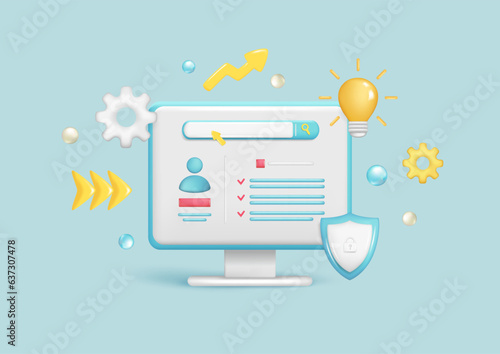 Realistic 3d computer with personal resume document, search bar, magnifying glass, light bulb, shield protected icon. Cartoon 3d hr job search application. Vector illustration on blue background