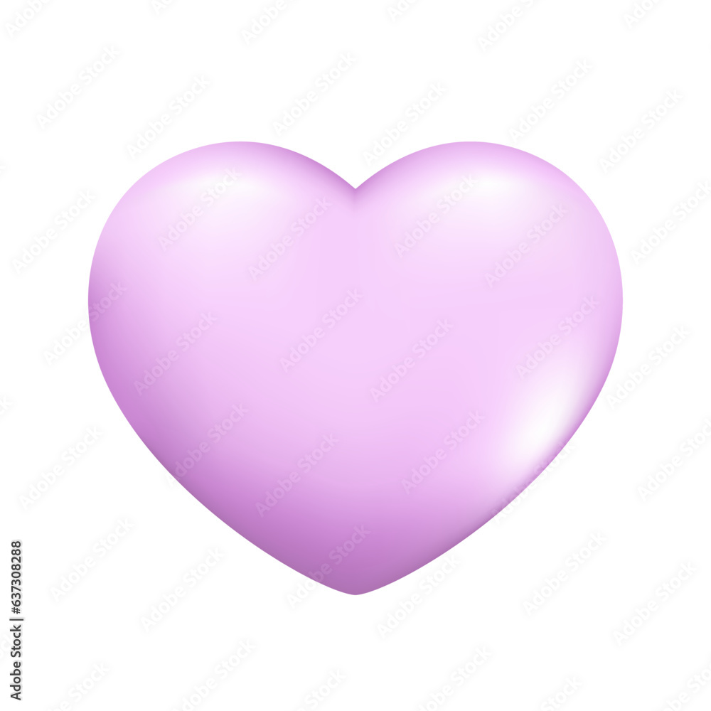 Realistic 3d purple heart. Decorative spring romantic icon, cartoon love symbol. Happy Valentines Day shape of glossy heart. Abstract vector illustration isolated on a white background