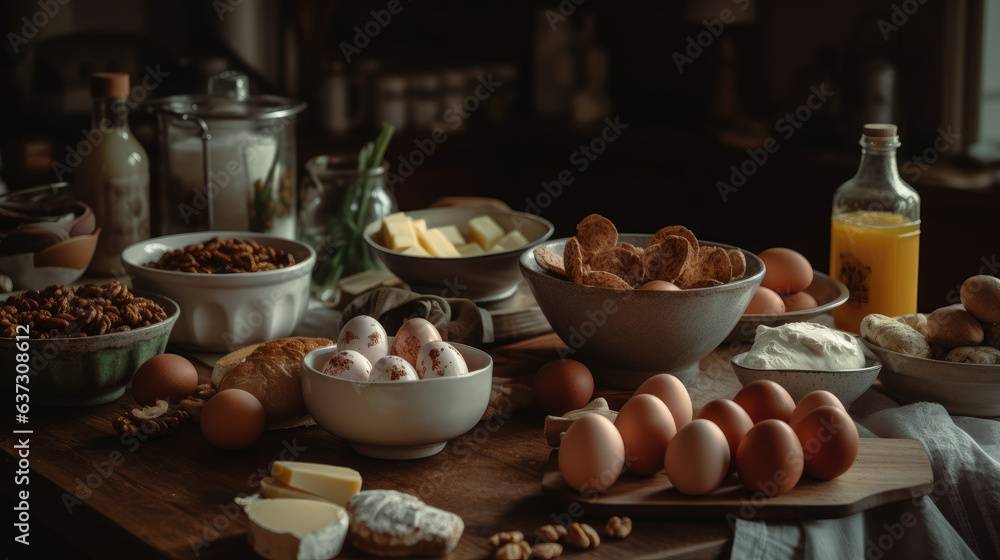 Table filled with various food items, including eggs, milk, cheese, and nuts. These ingredients are spread out across table in different bowls or containers.