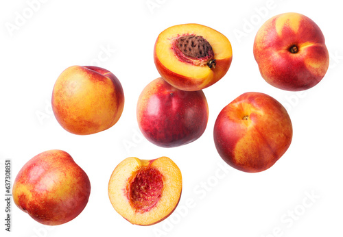 Ripe nectarines and halves fly on a white background. Isolated