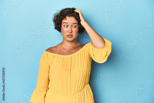 Young Caucasian woman with short hair being shocked, she has remembered important meeting.