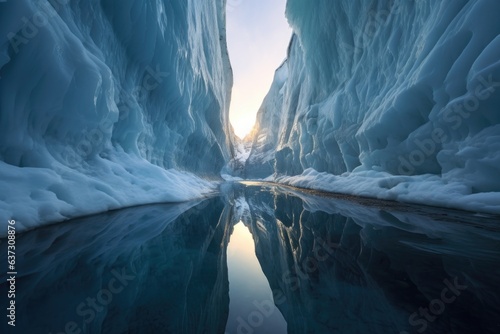 sunlight reflection on the icy walls of a glacier crevasse