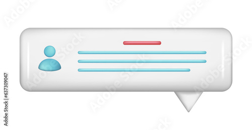 Realistic 3d white speech bubble, message button, chat box with talk speech notification. Glossy 3d element, dialogue icon, speak bubble symbol. Vector illustration isolated on white background
