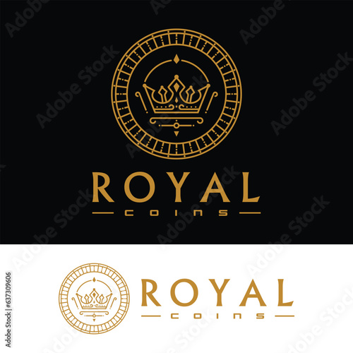 Simple coin with royal crown icon line art style logo symbol vector design