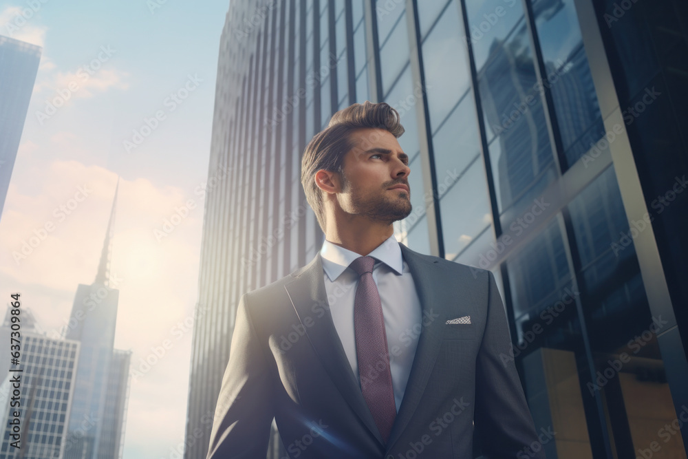 businessman before towering skyscraper in US city. businessman before towering skyscraper in US city.